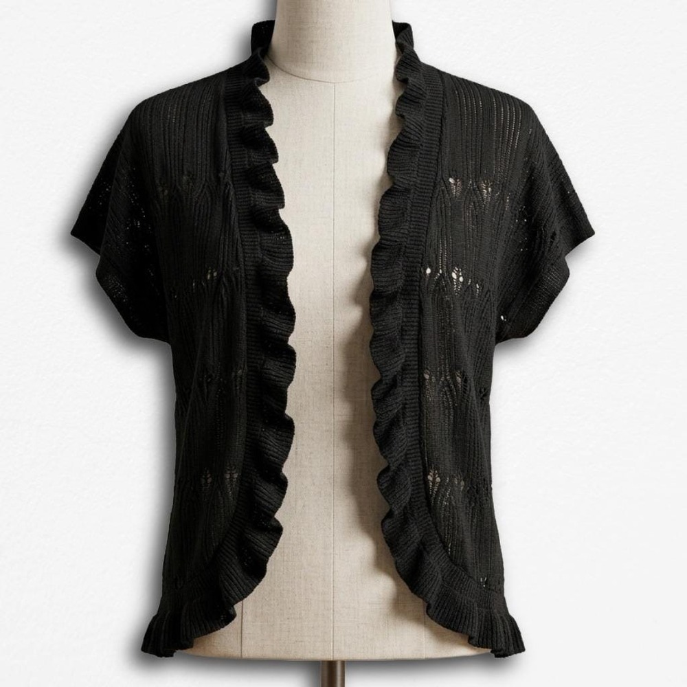 Notations Black Pointelle Knit Ruffle Trim Shrug Cardigan Short Sleeve Large